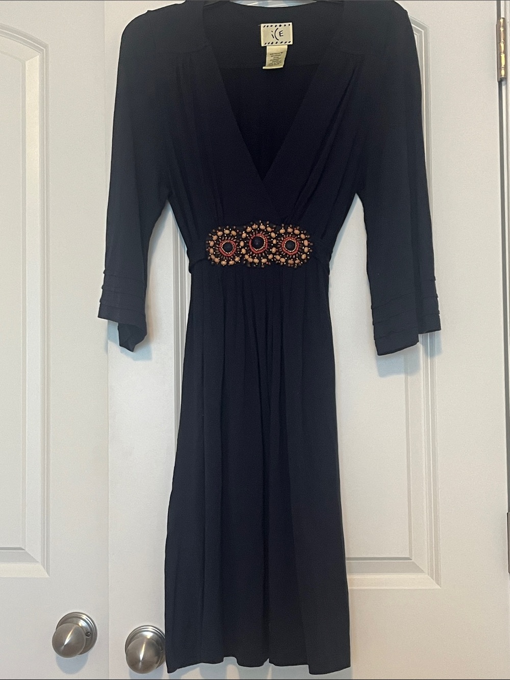 Navy Embellished Waist V-Neck Dress